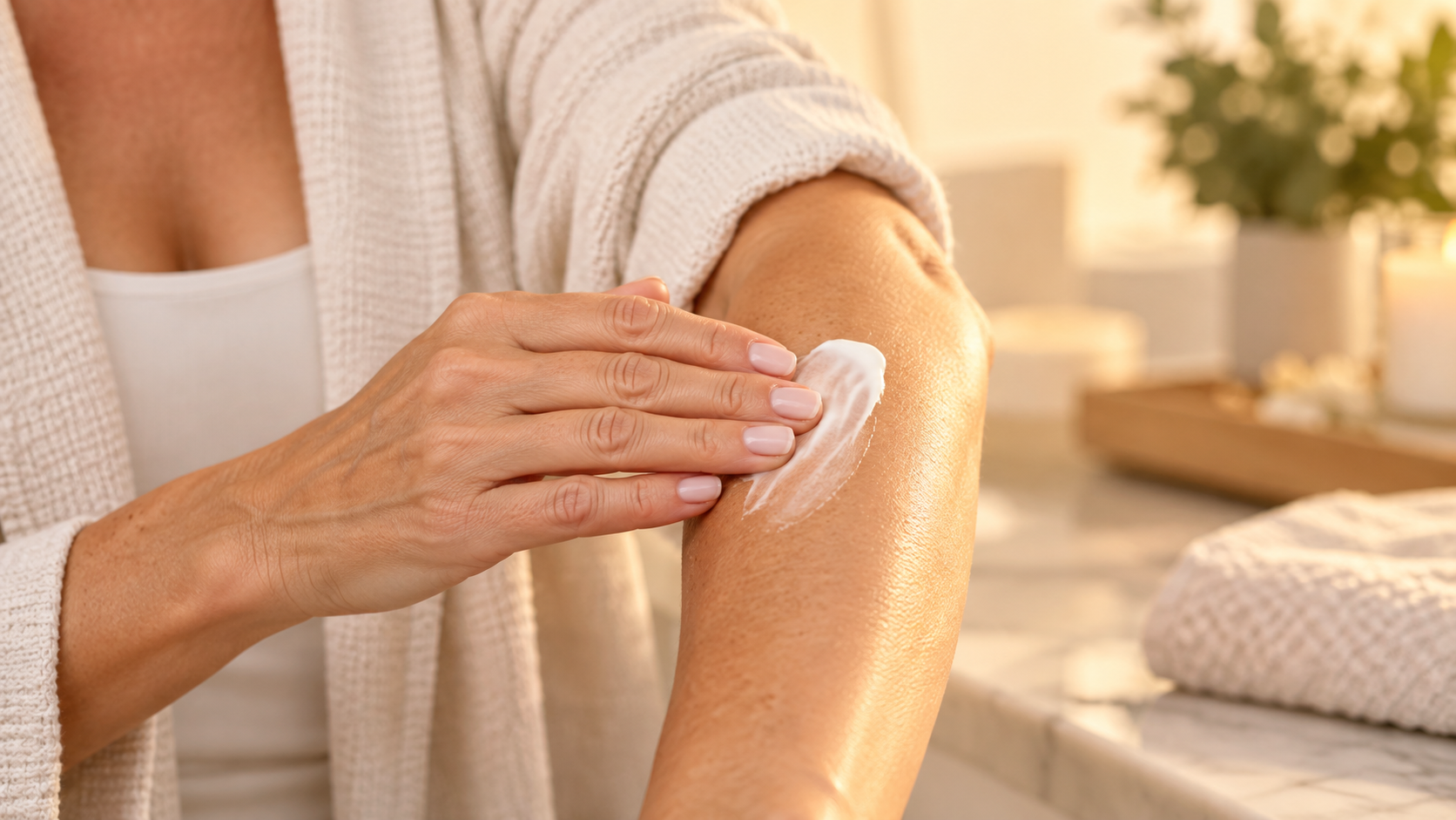 Woman applying moisturizer to her arm to support the skin barrier and ceramides