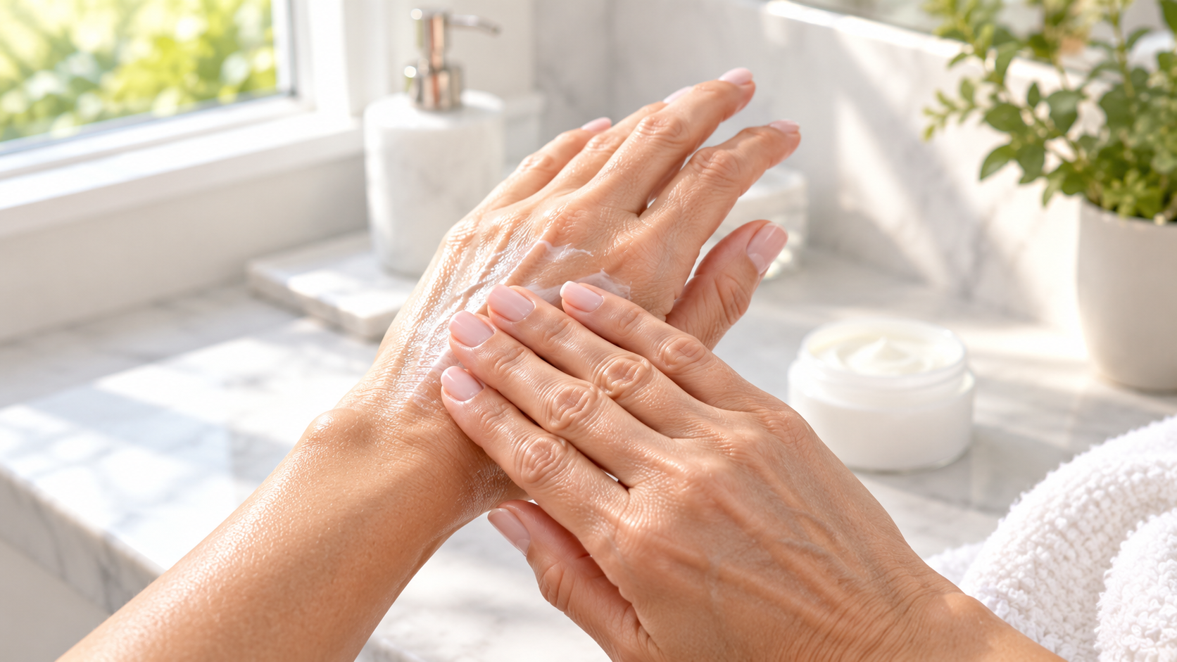Hands massaging in moisturizer to support the skin barrier for eczema and psoriasis