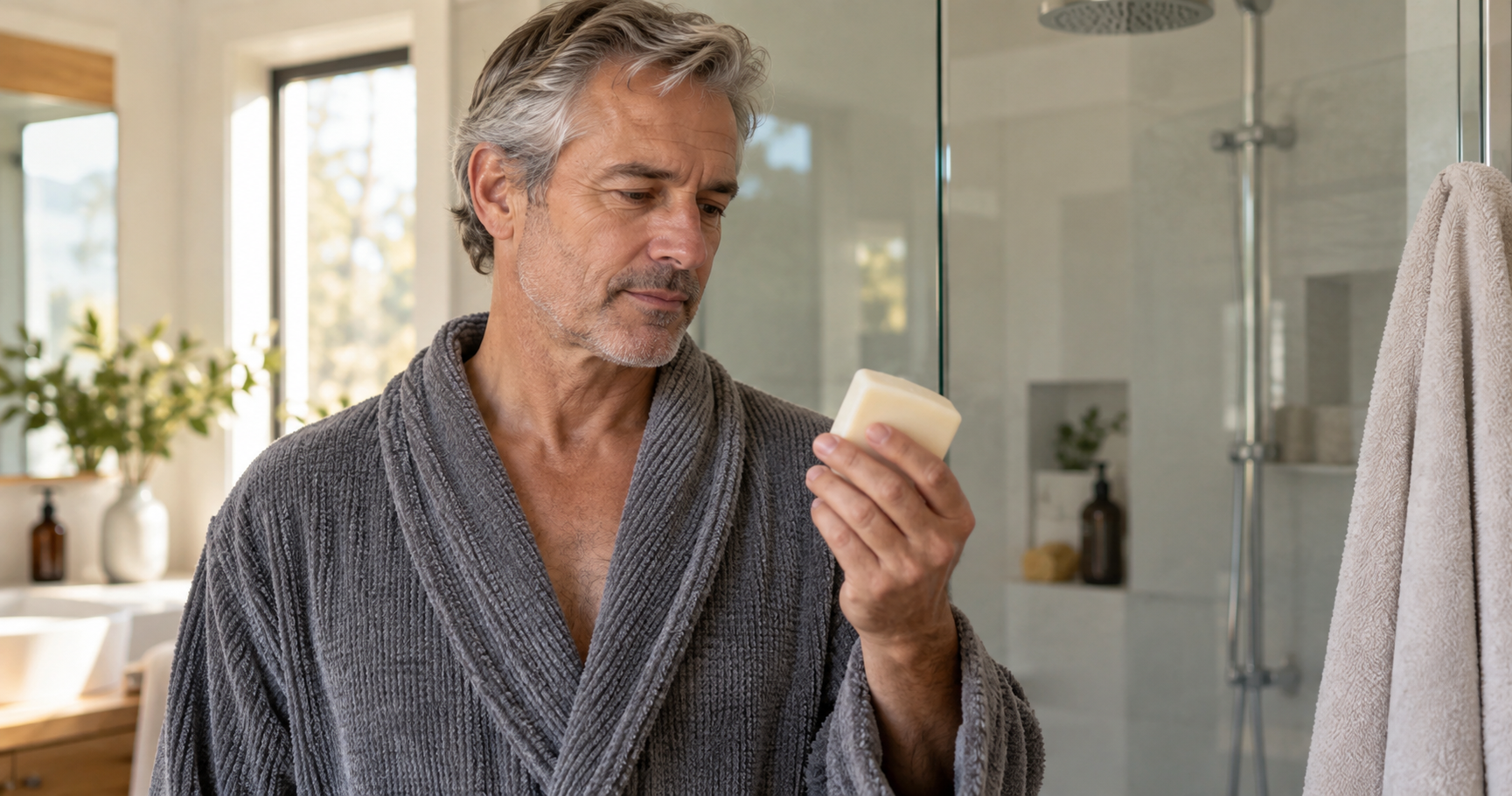 Man considering a bar of coal tar soap as a treatment option for psoriasis or eczema