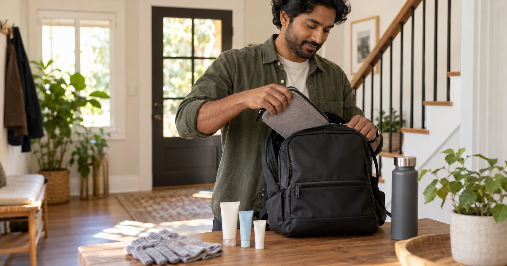 Man packing a small pouch of skincare essentials into his bag as part of an eczema and psoriasis emergency kit.