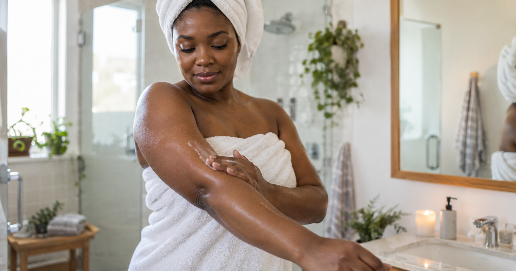 Woman applying moisturizer to damp skin right after a shower, following the soak and seal method for eczema