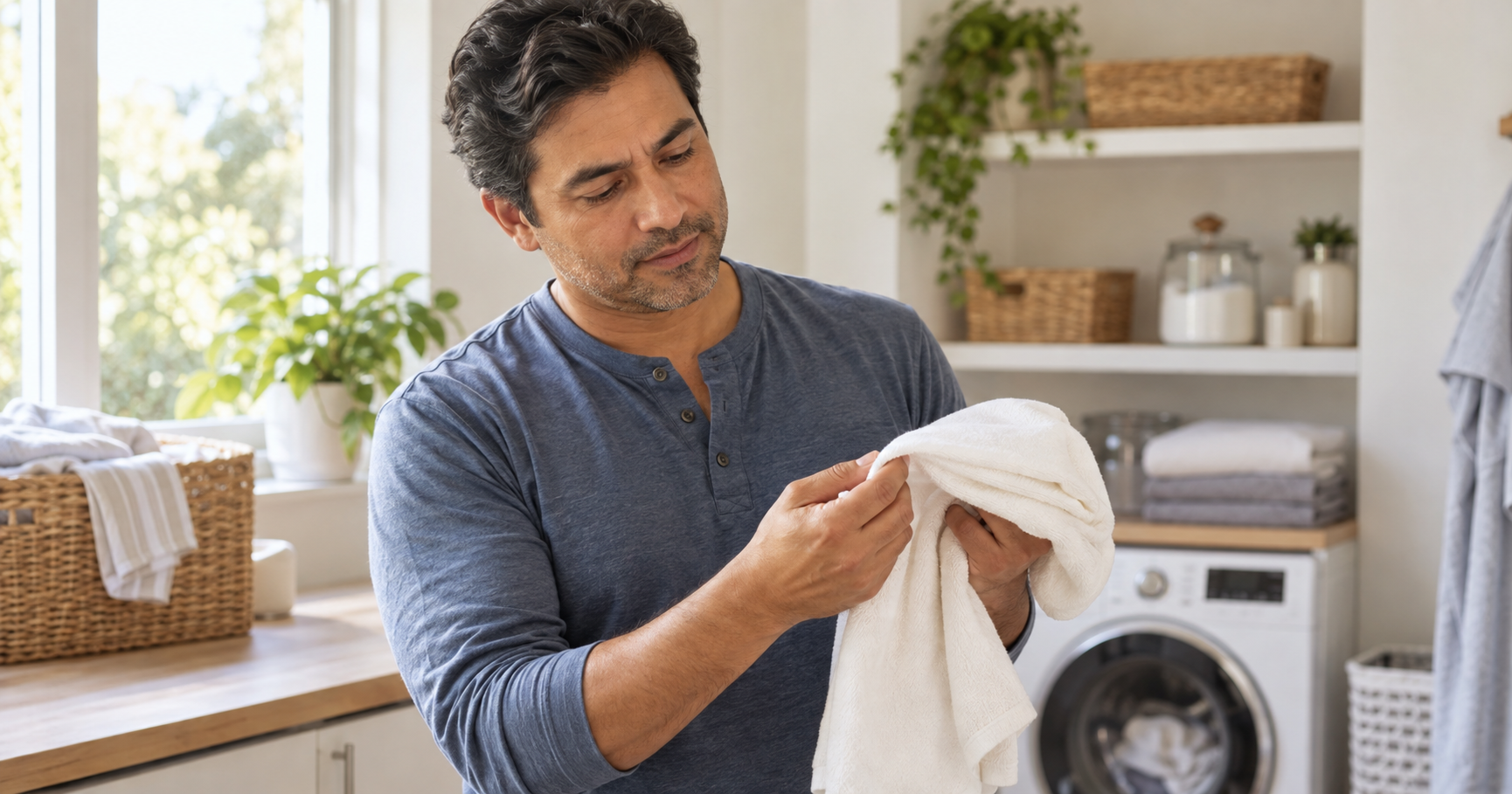 Man checking the softness of a fabric, choosing skin-friendly clothing for eczema-prone skin