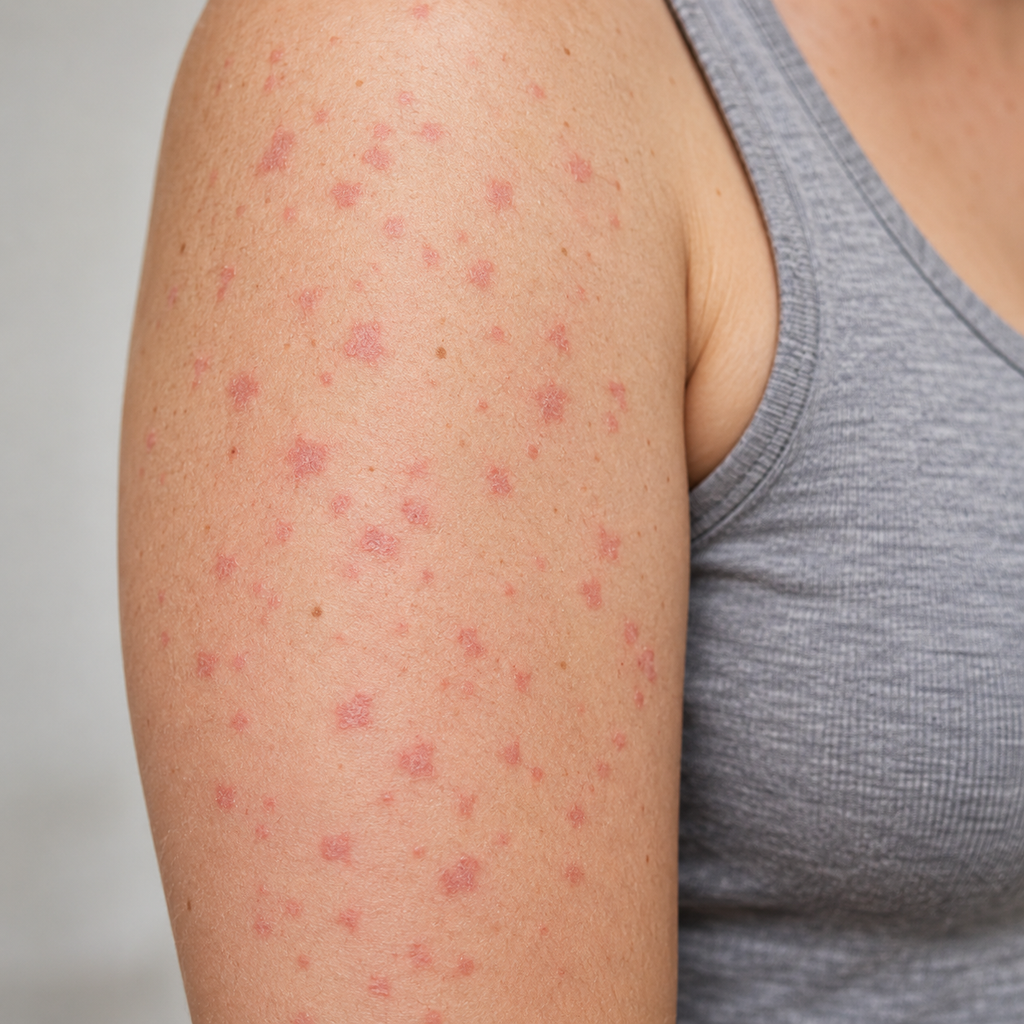 Guttate psoriasis on the upper arm showing many small, round, red spots