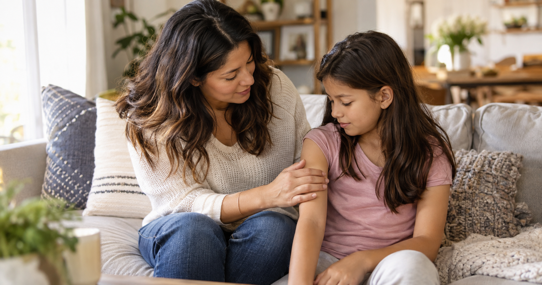 Mother checking her child's skin at home, looking for signs of guttate psoriasis after a strep throat infection