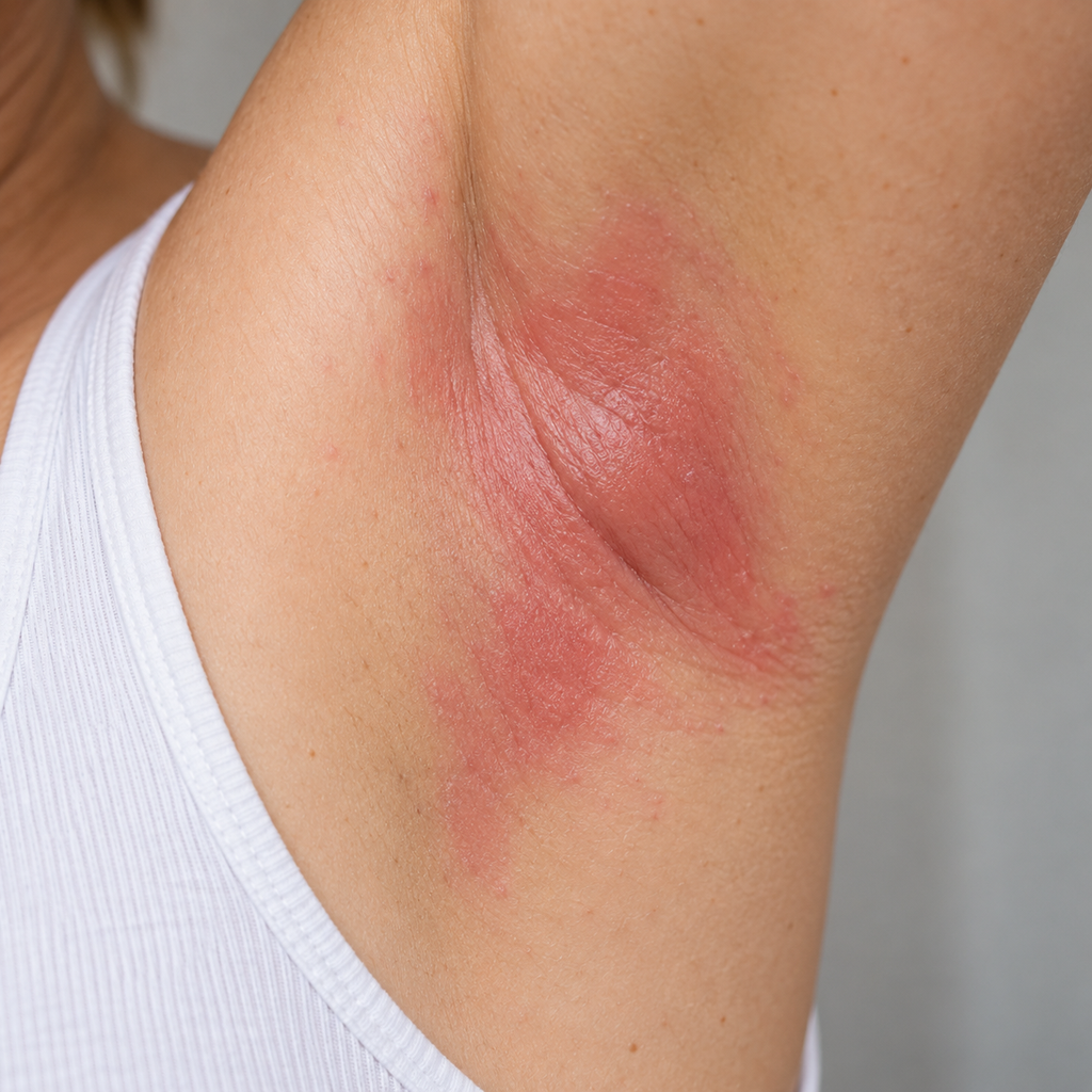 Inverse psoriasis in the underarm skin fold, showing smooth, shiny, red patches