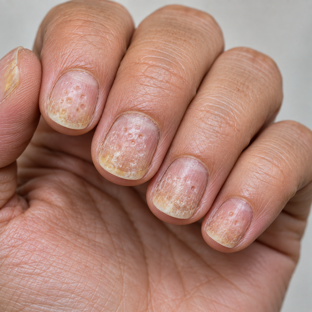 Nail psoriasis showing pitting and yellow-brown discoloration on the fingernails