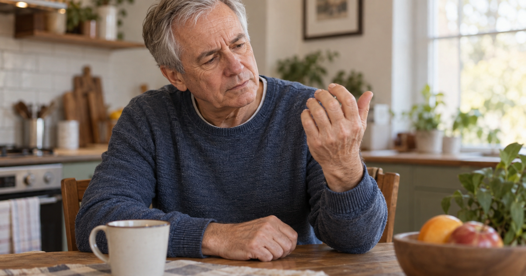 Man examining his fingernails, checking for signs of nail psoriasis versus nail fungus