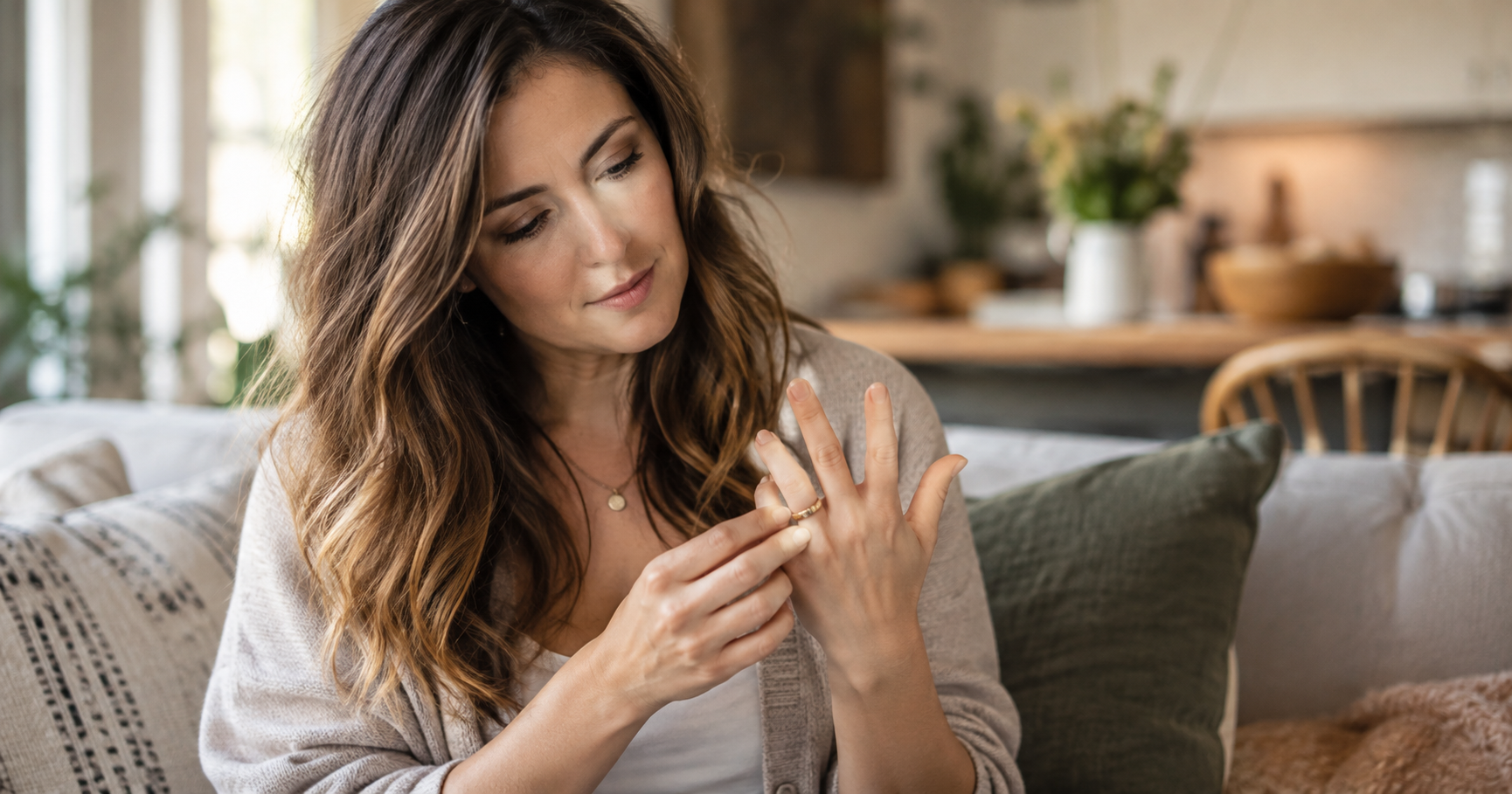 Woman examining her finger near her wedding ring, checking for signs of a nickel allergy reaction.