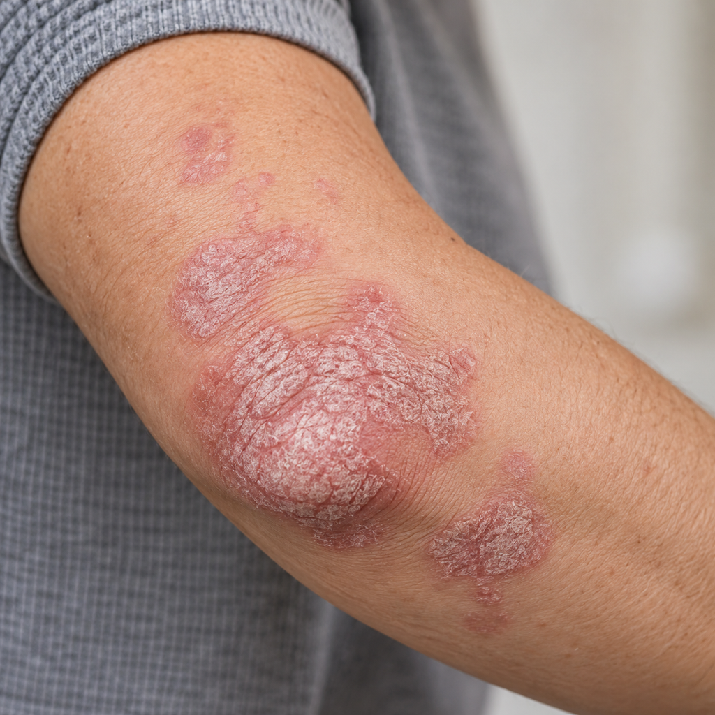 Close-up of plaque psoriasis on the elbow showing raised red patches with silvery-white scale