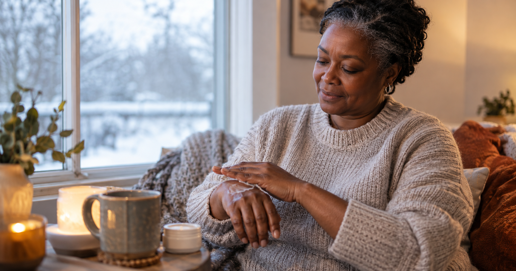 Woman moisturizing her hands at home in winter, managing a psoriasis or eczema flare