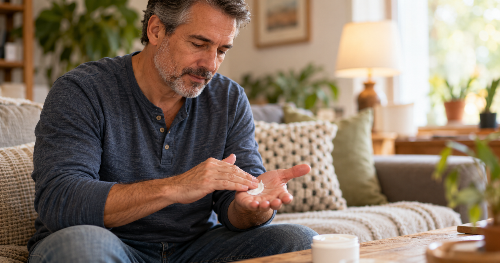 Man applying a thick moisturizing cream to his palm as part of his psoriasis care routine