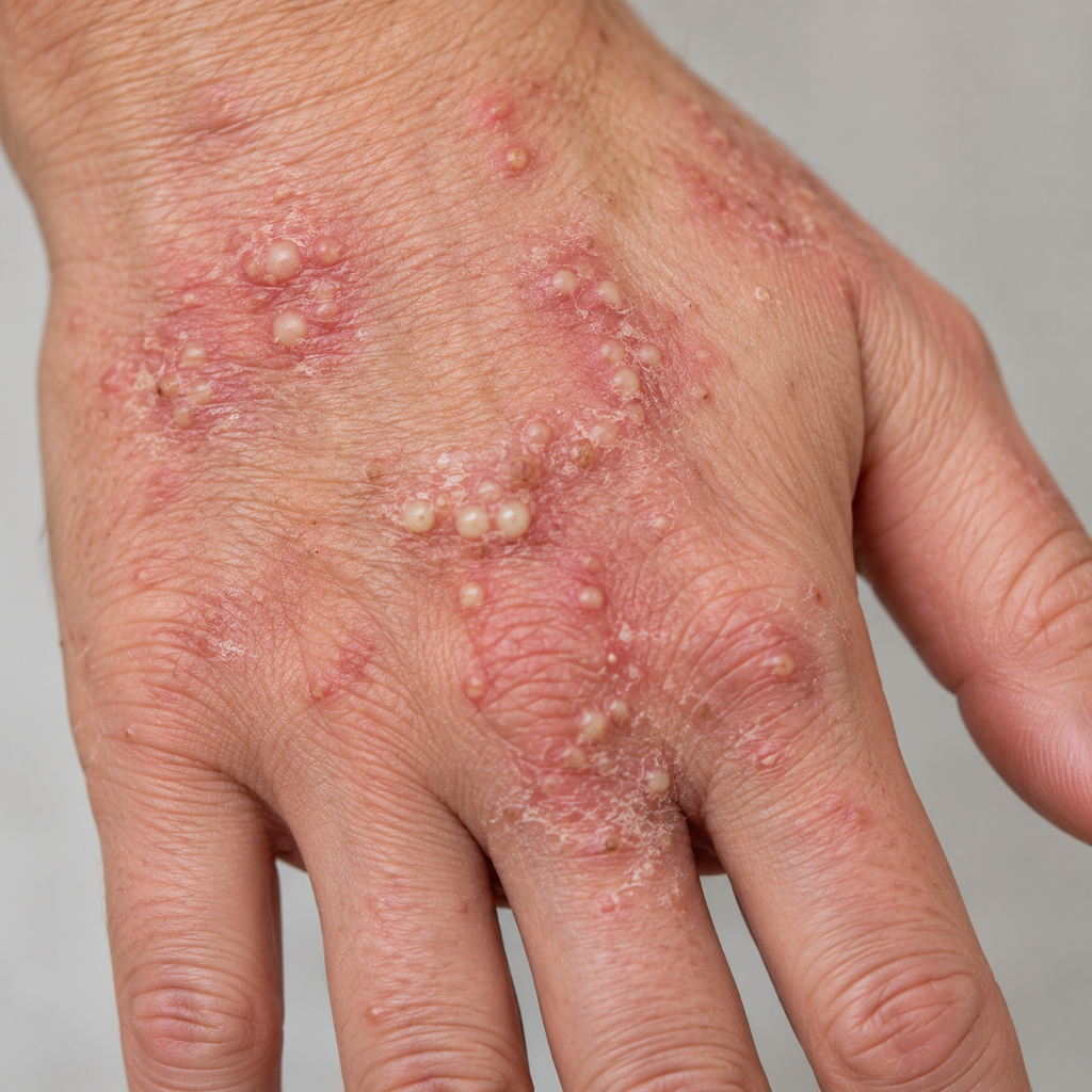 Pustular psoriasis on the back of the hand showing small white blisters surrounded by red, inflamed skin