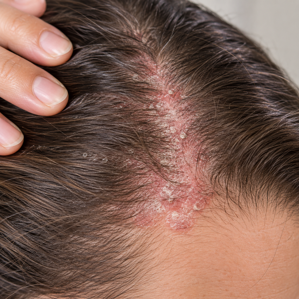 Scalp psoriasis showing red, scaly patches along the hair part