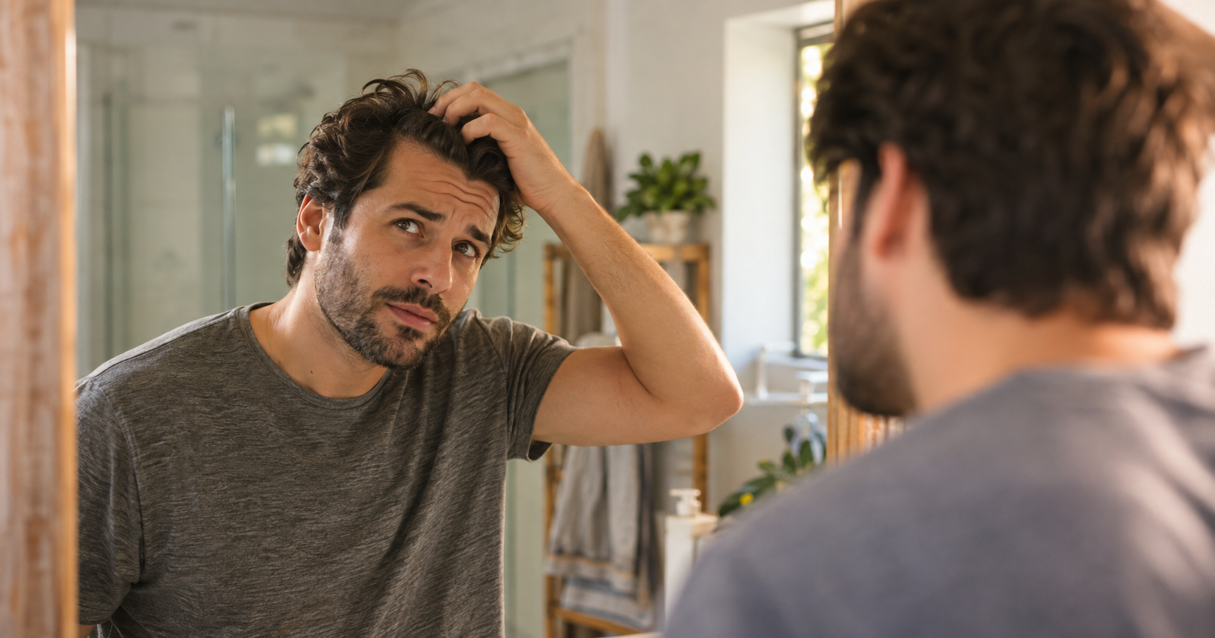 Man checking his scalp in the mirror, trying to tell if it's dandruff or scalp psoriasis