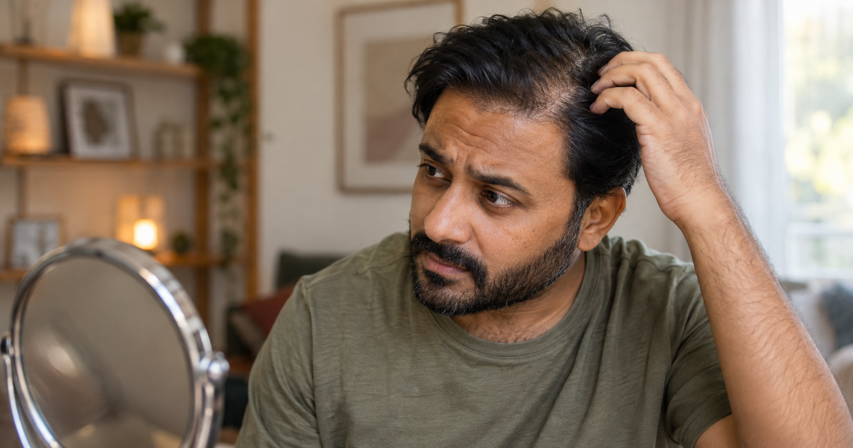 Man checking his scalp, trying to tell whether it's scalp psoriasis or scalp eczema