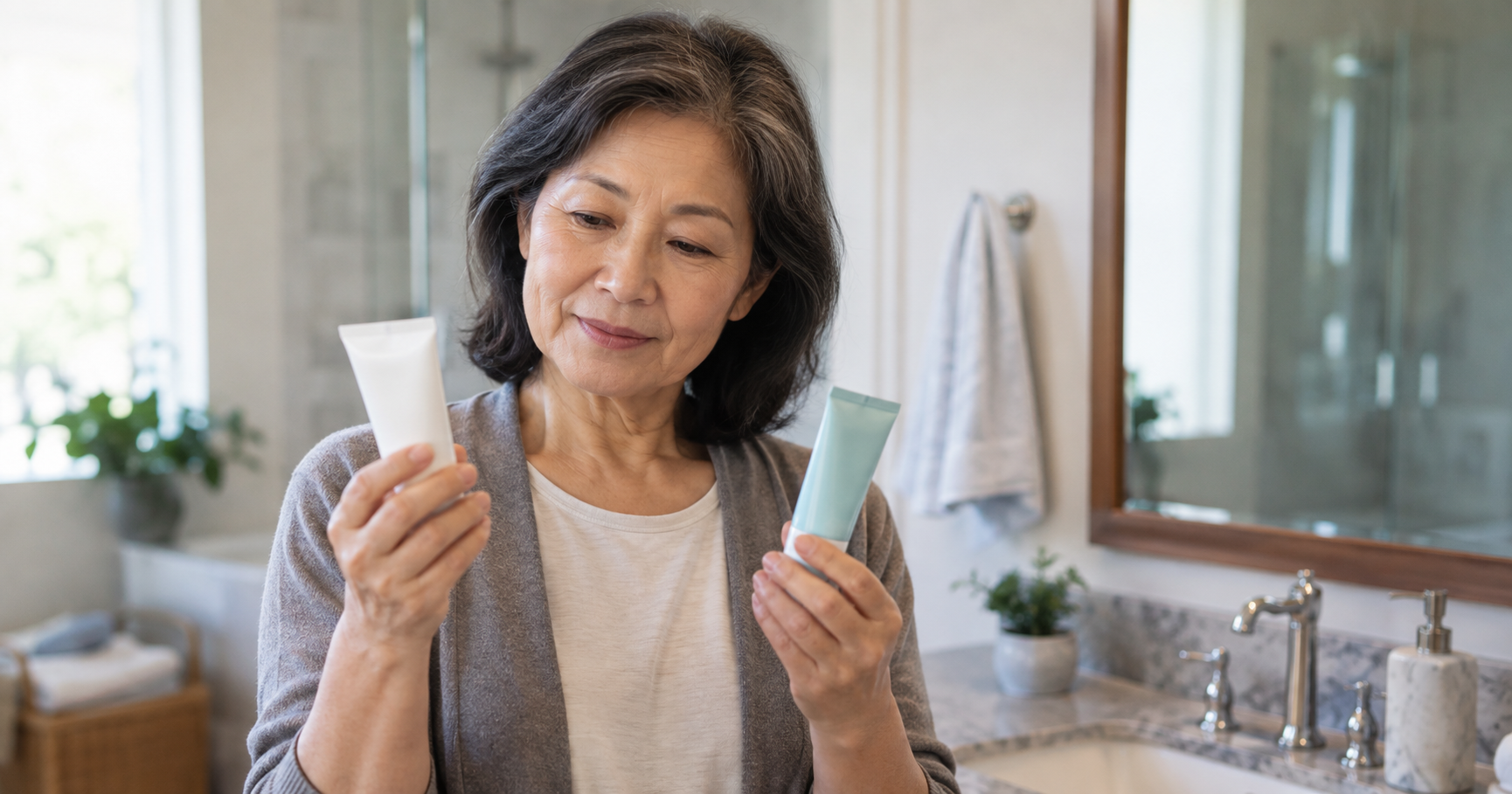 Woman comparing two different treatment creams, weighing steroid versus non-steroid options.