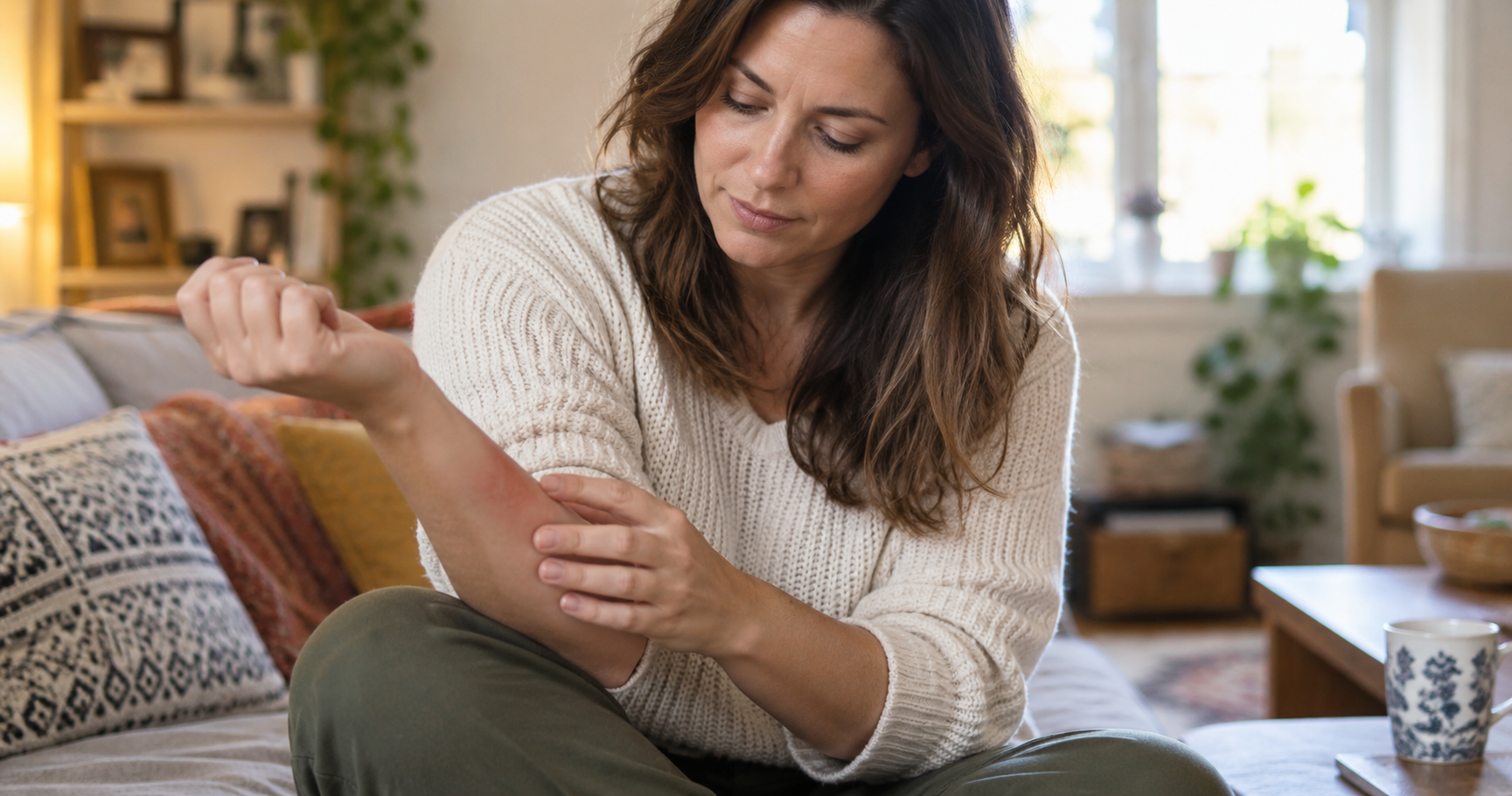 Woman examining a red patch of skin on her forearm, trying to identify which type of psoriasis she has