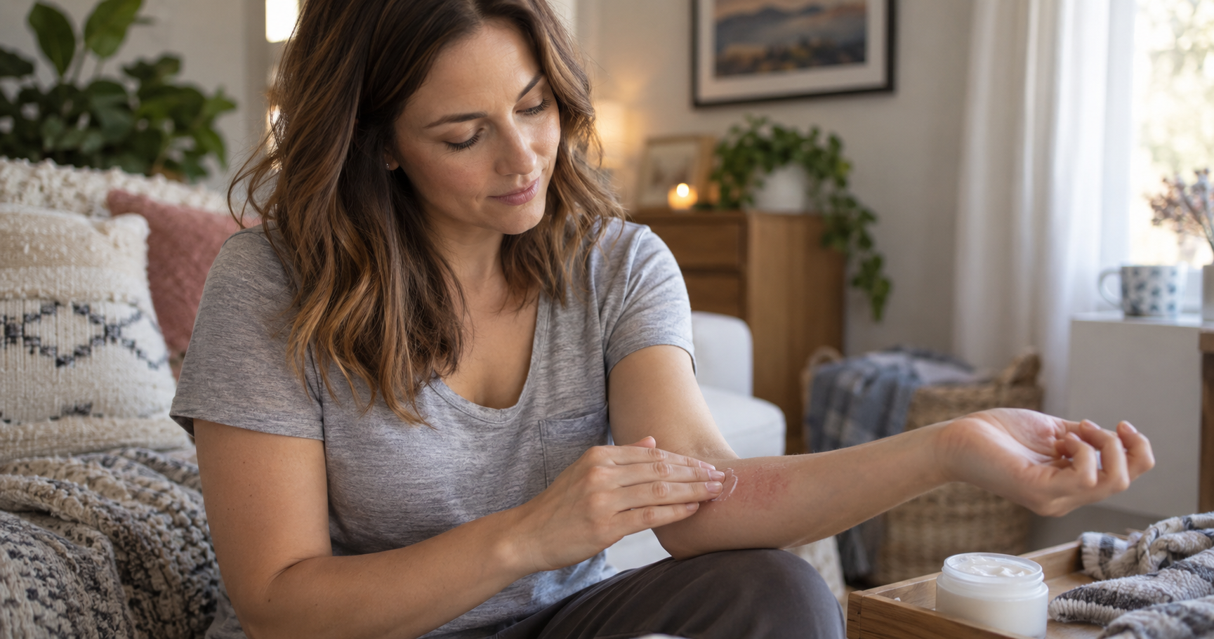 Woman applying moisturizer to a dry, eczema-prone patch of skin on her arm