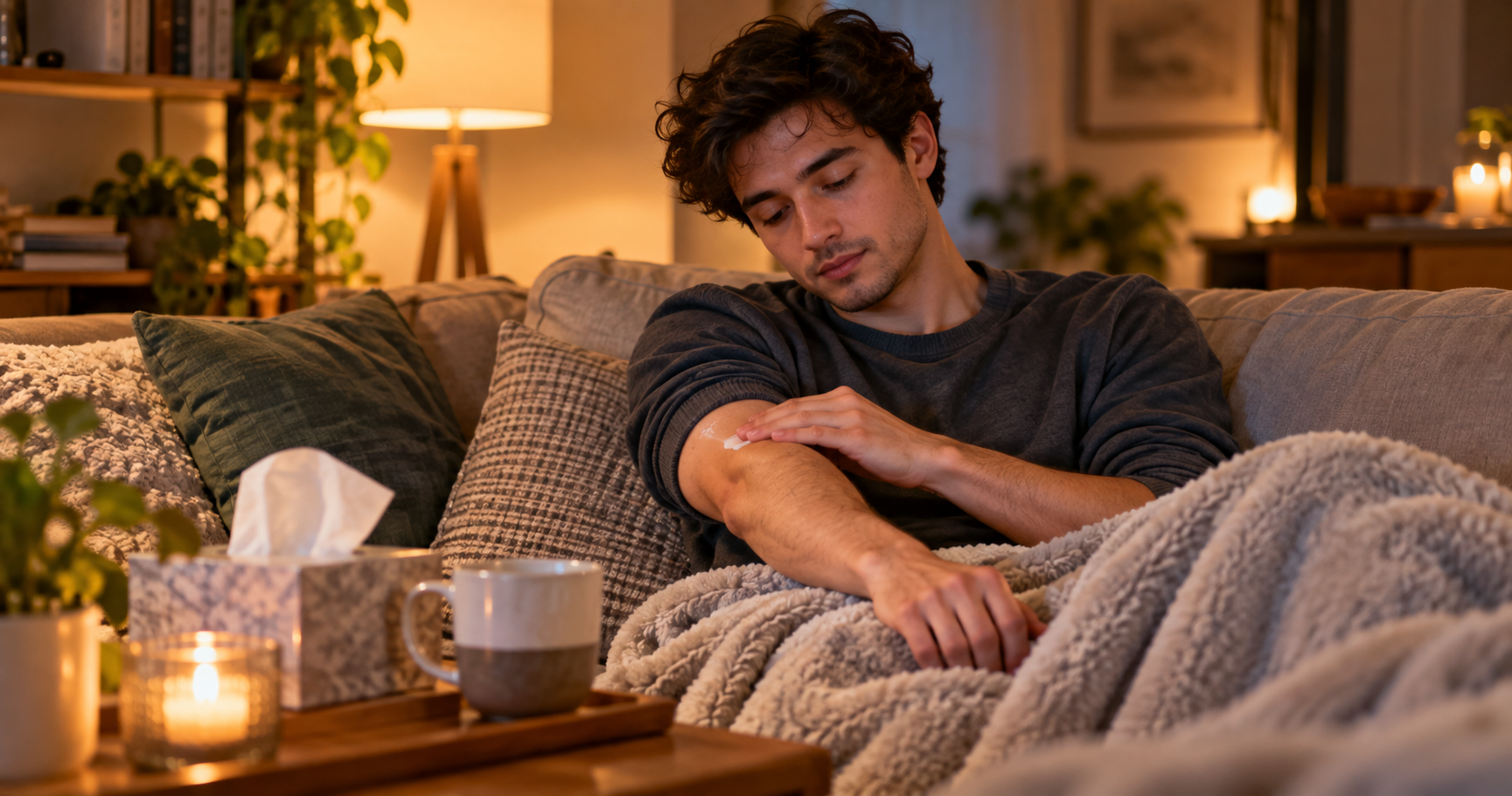 Man resting on the couch while sick, applying moisturizer to manage an eczema flare triggered by a cold