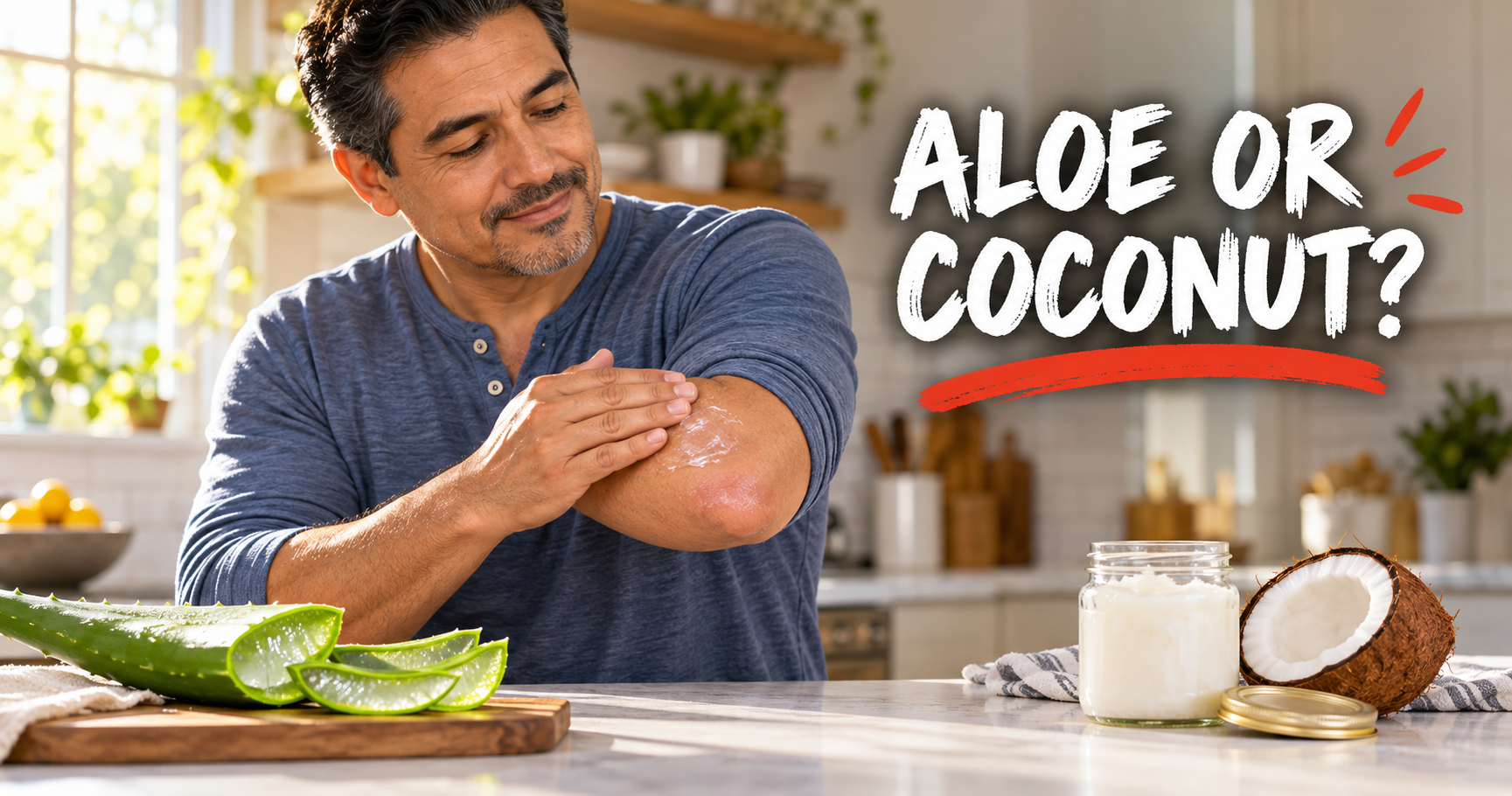 Man smoothing aloe gel onto his elbow beside a coconut oil jar, comparing aloe vera vs coconut oil for psoriasis