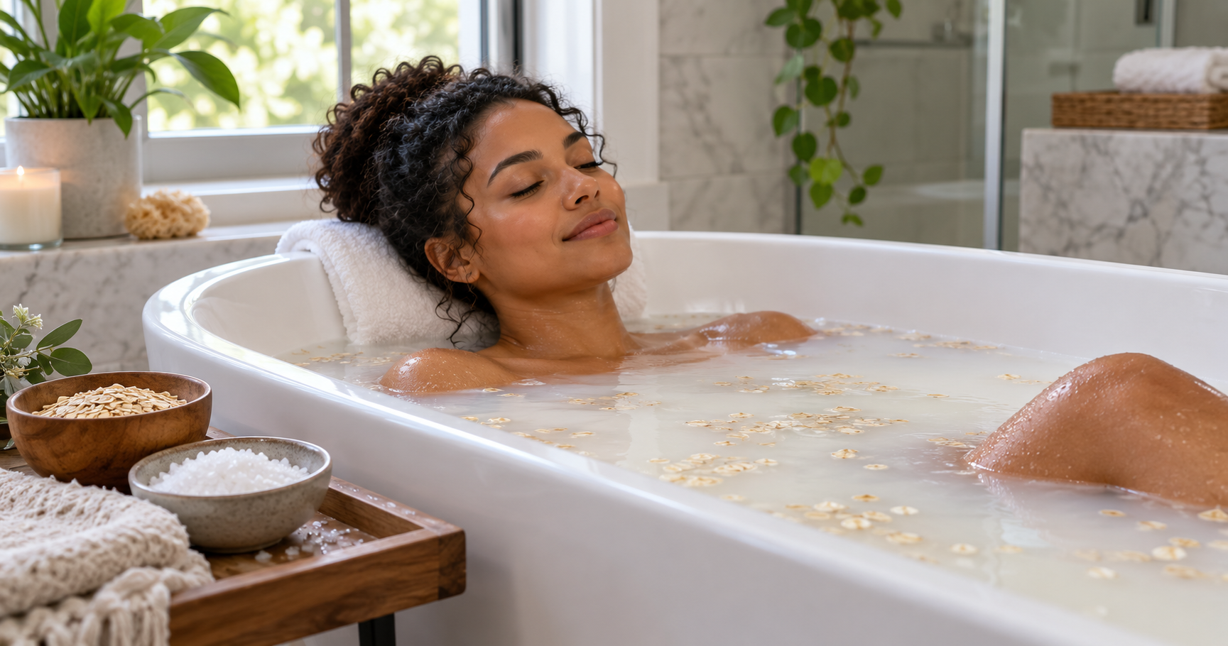 Woman relaxing in a lukewarm oatmeal bath with bowls of colloidal oatmeal and mineral salts beside the tub, a bath for eczema and psoriasis