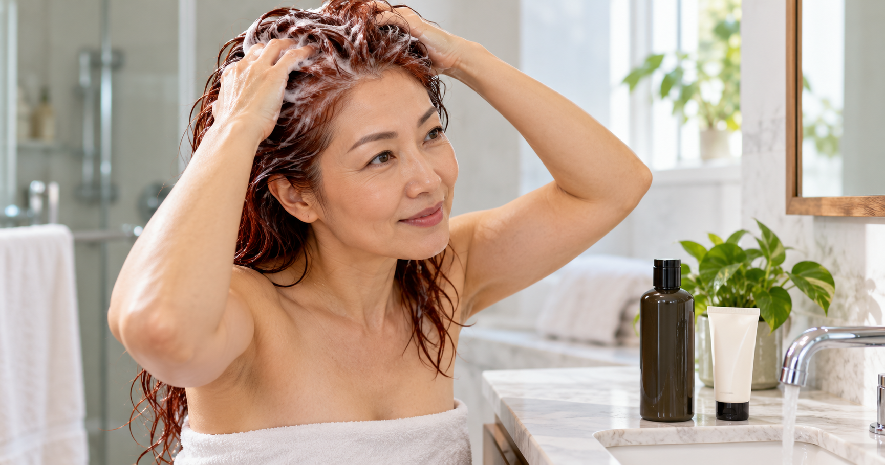 Woman with auburn color-treated hair washing at the sink, using coal tar shampoo on color-treated hair