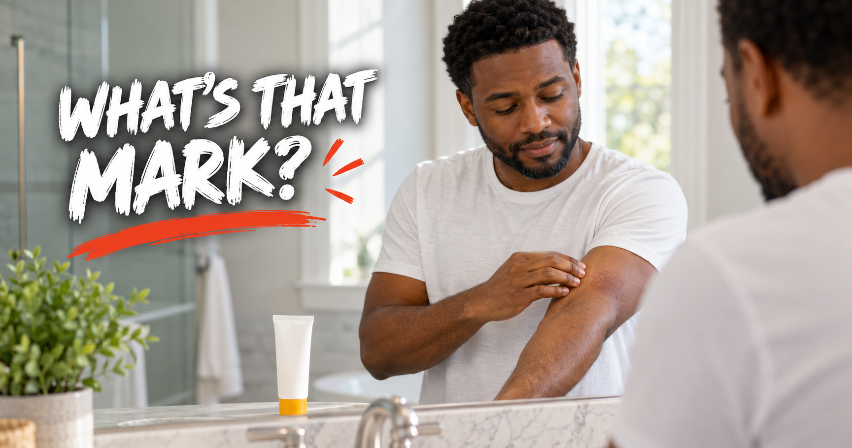 Man checking a darker patch on his forearm in the mirror, looking at dark marks after psoriasis