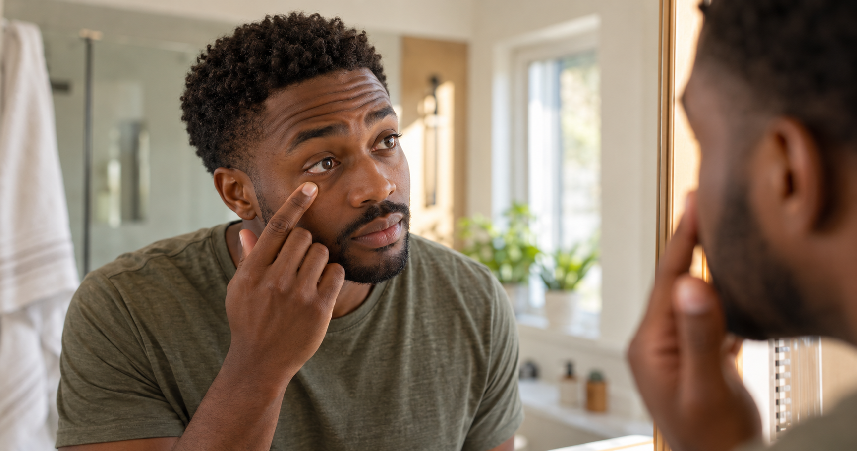 Man checking the skin under his eye in the mirror, noticing an extra crease that can be a sign of eczema