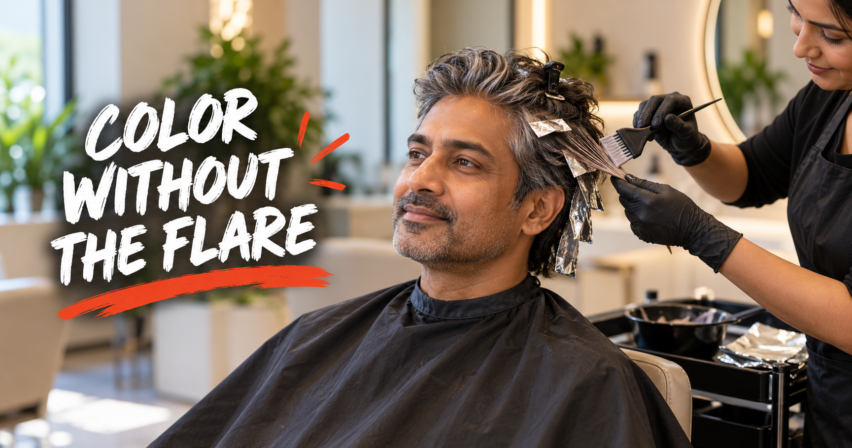 Man in a salon chair having hair color applied away from the scalp, a safer approach to hair dye and scalp eczema