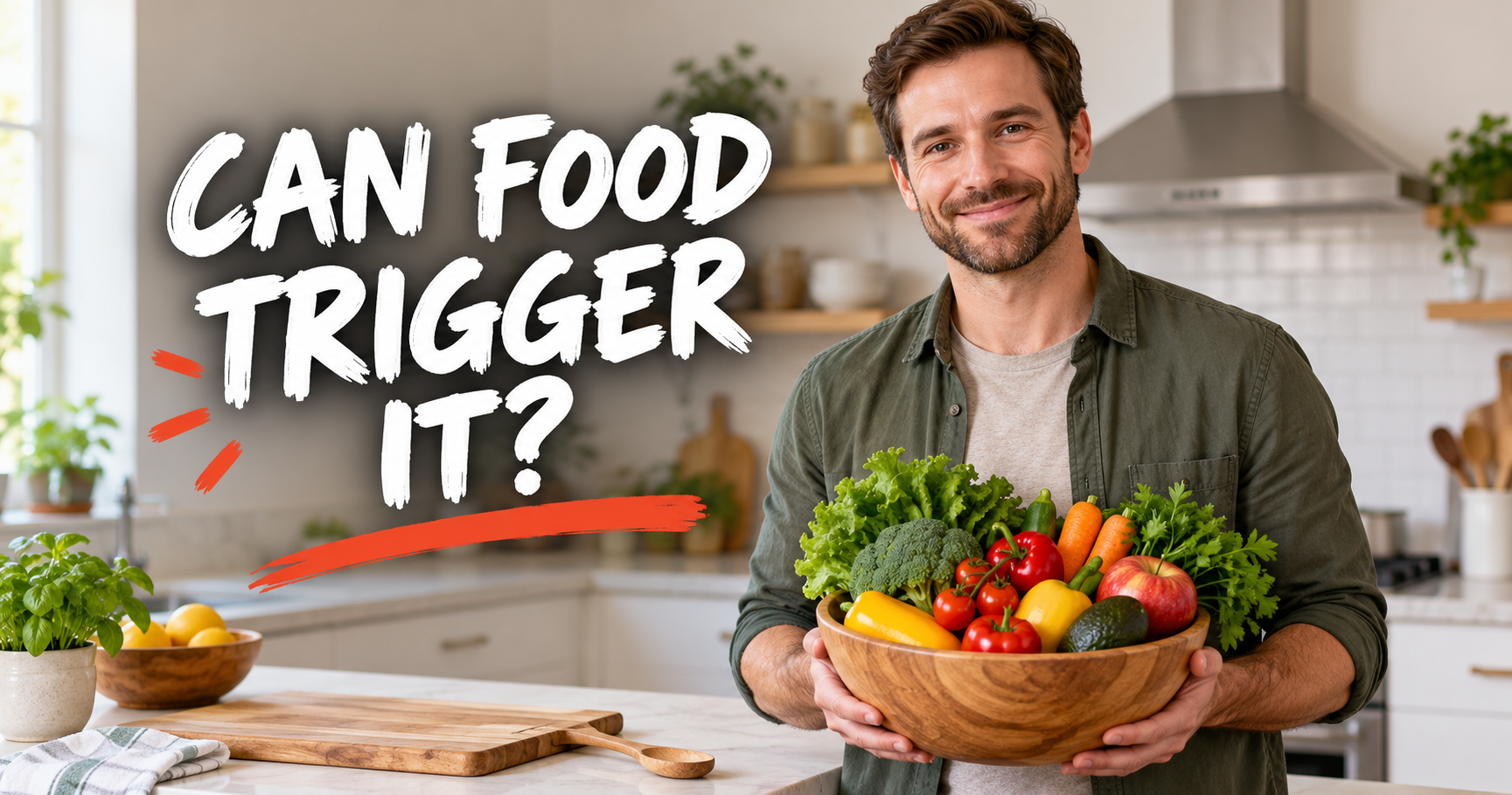 Man holding a bowl of fresh fruit and vegetables in a kitchen, exploring nickel allergy and hand eczema and diet
