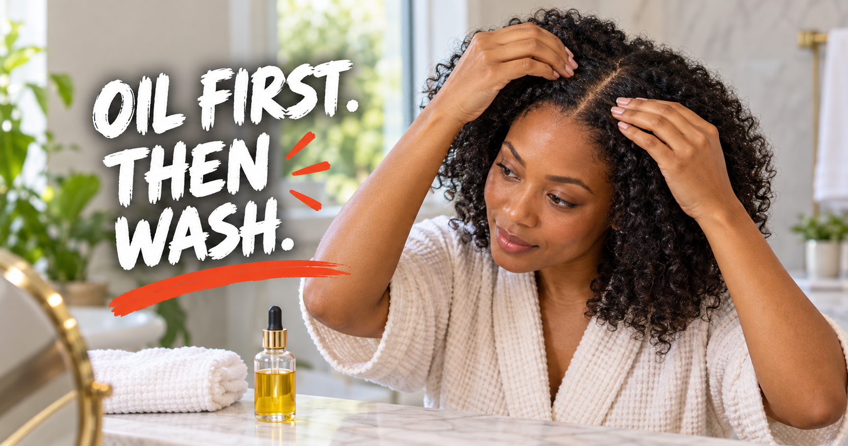 Woman applying oil to her scalp in sections, a safe way to remove scalp psoriasis scales