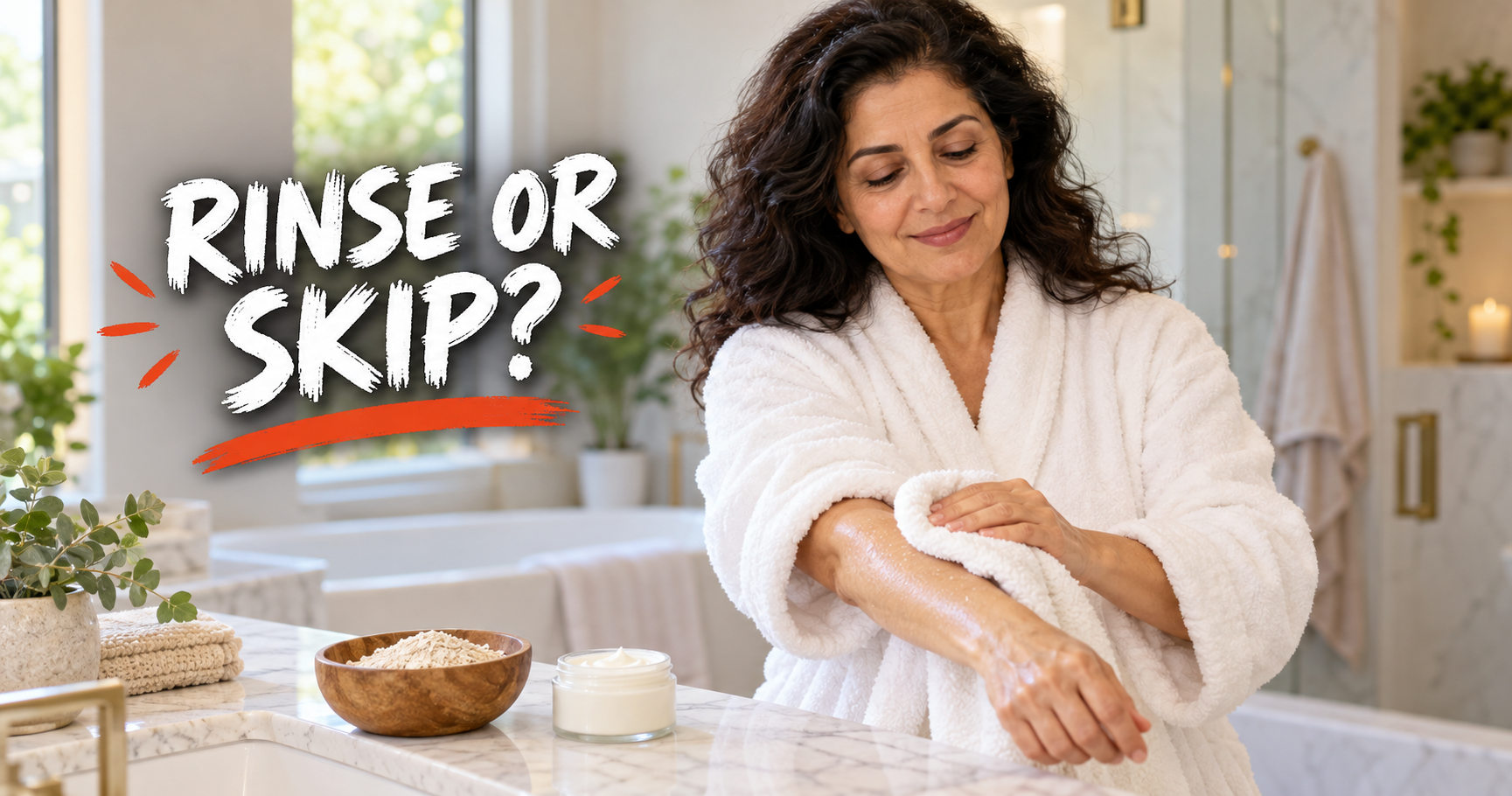 Woman in a spa robe patting her arm dry with a towel after deciding whether to rinse after an oatmeal bath