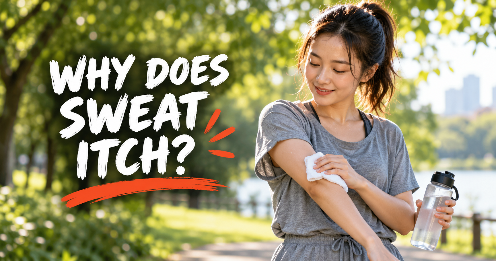 Woman dabbing sweat from her inner elbow after exercise to prevent a sweat and eczema flare