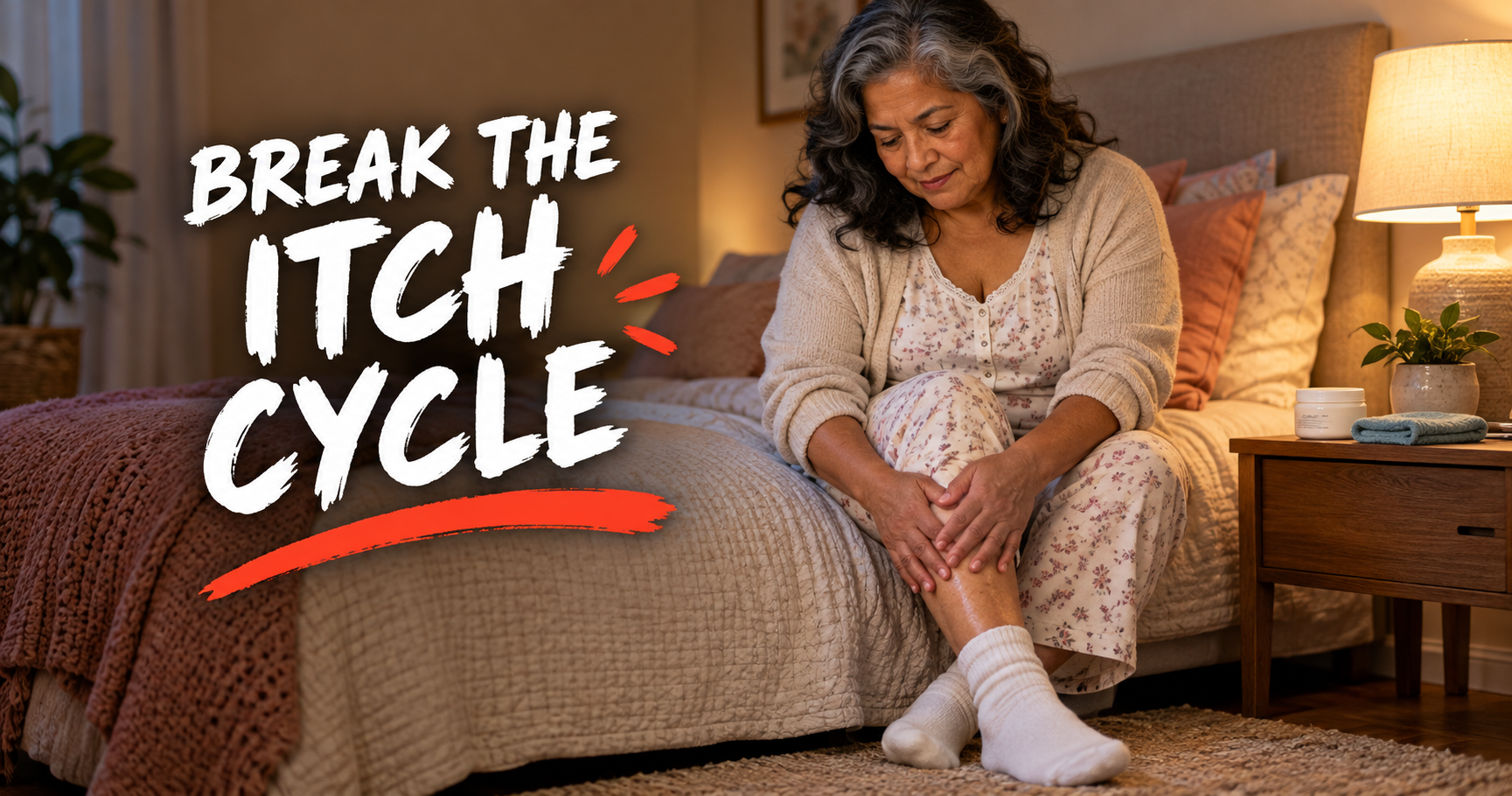 Woman sitting on a bed looking at her ankle, working to stop thick, leathery skin from scratching